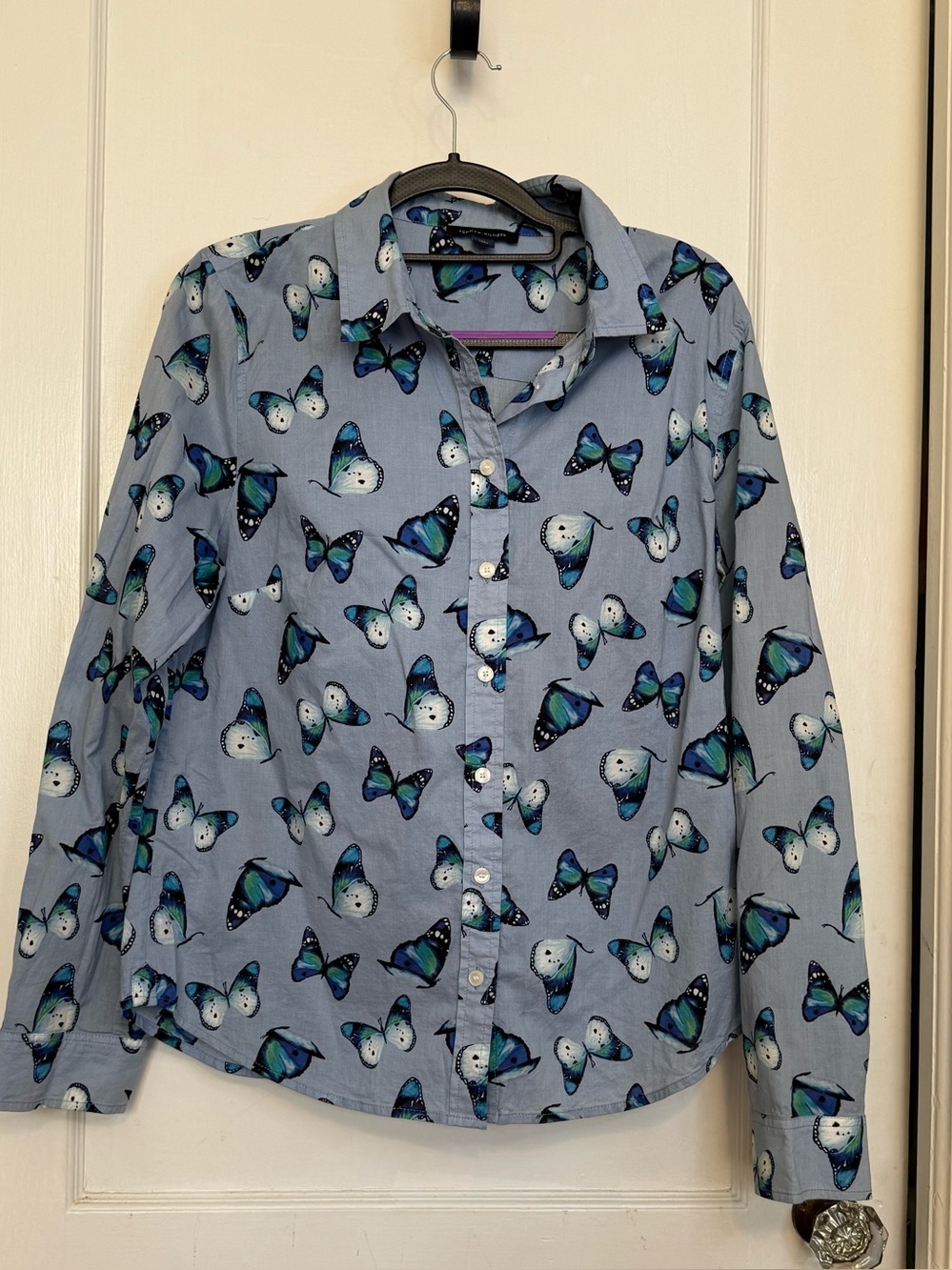 Tommy Hilfiger Blue Butterfly Print Button-Down Shirt, cotton, Medium